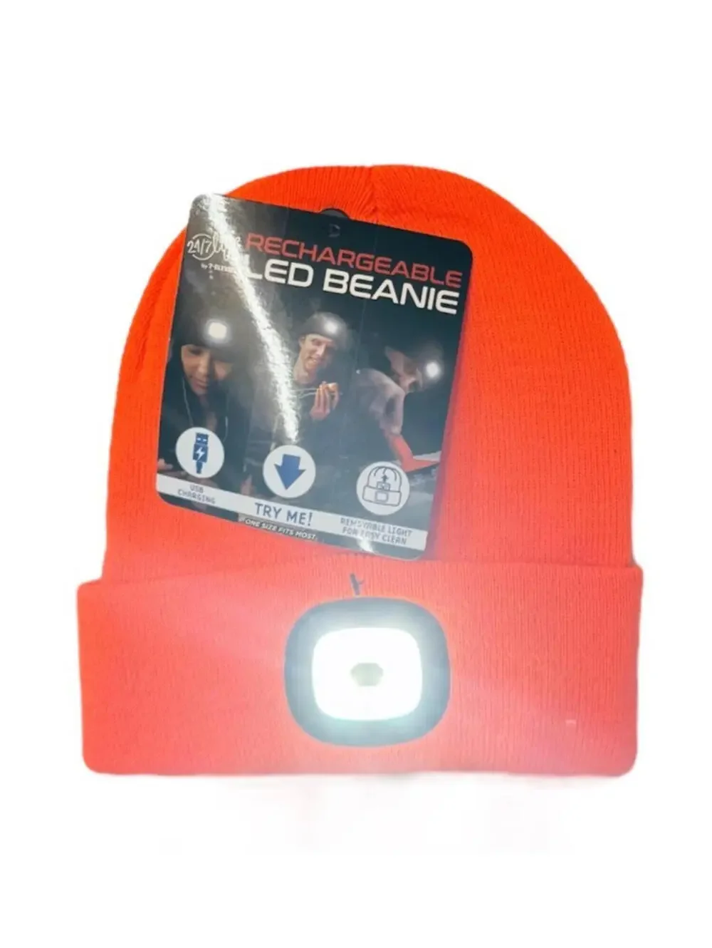 (RB) 24/7 Life by 7Eleven Rechargeable LED Beanie Hat USB Light 3 Modes Orange